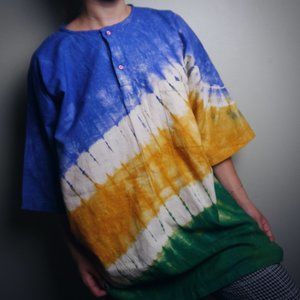 Oversized Blue, Yellow & Green Tie-Dye Top |Size M